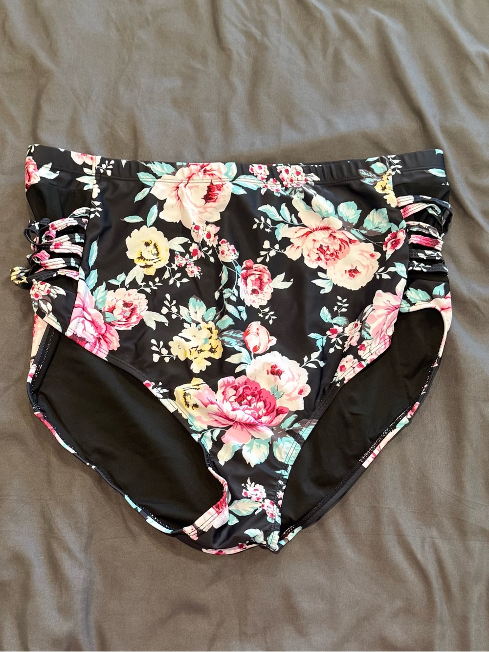 BloomChic Black Swim Bottoms with Pink & Teal Flowers Sheer Sides Sz 18/20